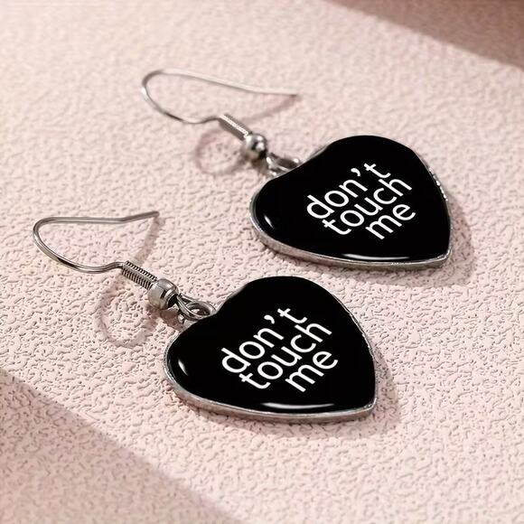Goth Emo Anti Social Black Heart Don't Touch Me Earrings - Picture 4 of 4